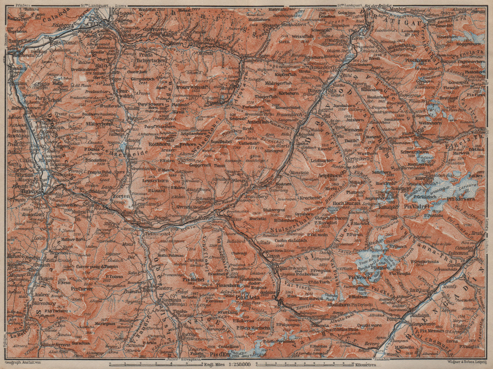 GRAUBÜNDEN/ALBULA ALPS. Chur-Samedan. Arosa Lenz Davos Savognin Thusis 1913 map